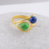Green Copper Turquoise, Lapis Lazuil Gemstone Ring - Gold Plated Sterling Silver Bezel Ring - Gift for Lady - Jewelry Bride - Gift for Women